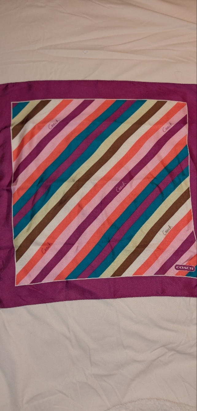 Coach Scarf Multicolor Diagonal Stripe Silk with Magenta Border 21" X 21" GUC - Picture 3 of 11